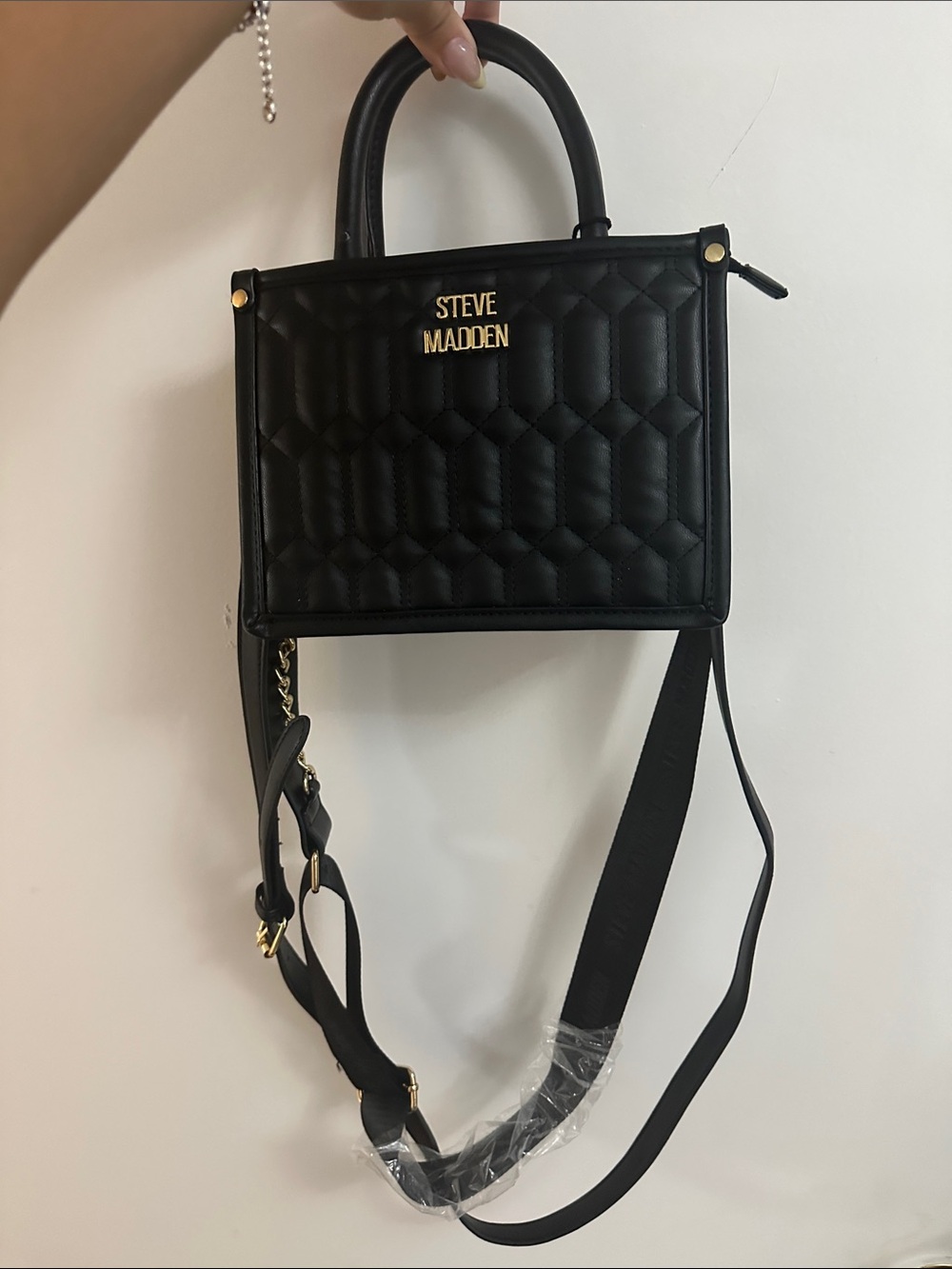 Steve Madden Black Quilted Top-Handle Satchel with Gold Hardware